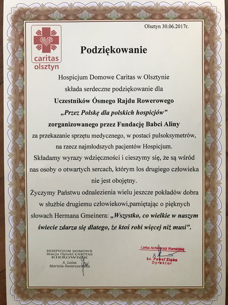 Podziekowanie od hospicjum w Olsztynie dla kolarzy 8 rajdu Przez Polske dla polskich hospicjow